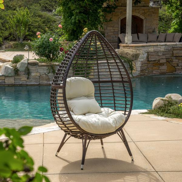 Outdoor Wicker Freestanding Wicker Teardrop - Egg Chair With Cushion -