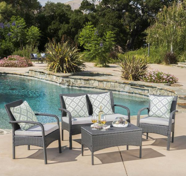 Outdoor 4Pc Wicker Chat Set W/ Water Resistant Cushions