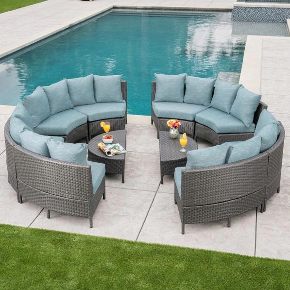 Outdoor 10 Piece Gray Wicker Sectional Sofa Set With Teal Cushions