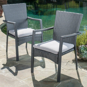 Outdoor Grey Wicker Dining Chair With Cushions (Set Of 2)