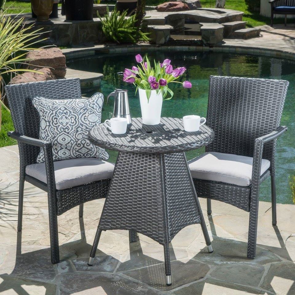 Paisan Outdoor 3 Piece Grey Wicker Dining Set With Cushions