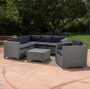 Outdoor 6 Seater Grey Wicker V-Shaped Sofa And Swivel Chair Set With Mixed Black Water Resistant Cushions