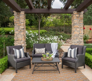Outdoor 4 Piece Gray Wicker Chat Set With Black Water Resistant Cushions