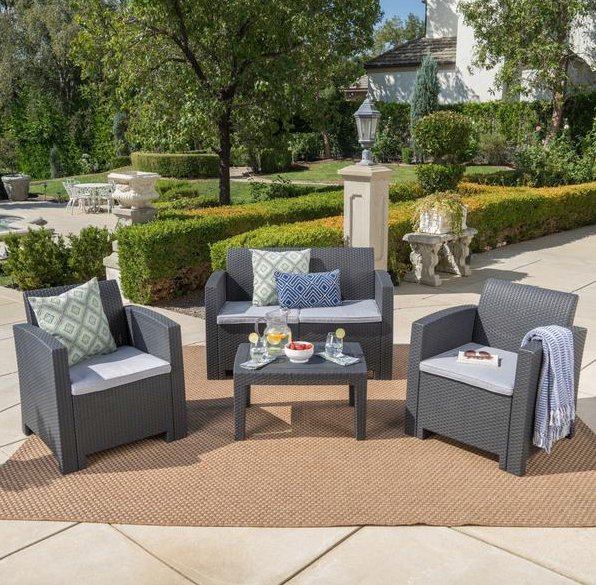 Outdoor 4 Piece Faux Wicker Rattan Chat Set With Water Resistant Cushions