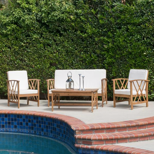 Mercado Outdoor 4-Piece Acacia Wood Chat Set With Cushions