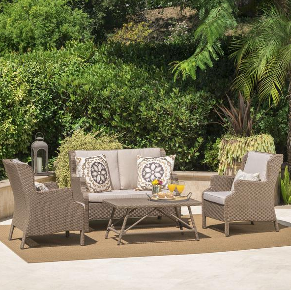 OutOutdoor 4 Piece Light Brown Wicker Chat Set With Water Resistant Cushion