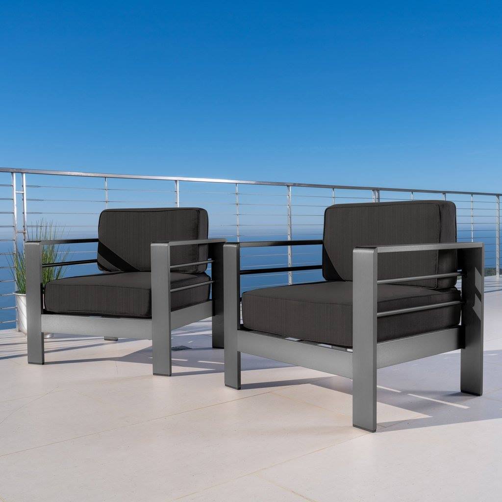 Outdoor Gray Aluminum Club Chairs With Water Resistant Cushions