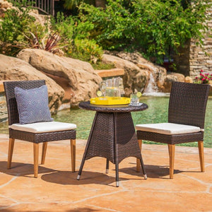 Outdoor 3 Piece Multi-Brown Wicker Dining Set With Beige Cushions