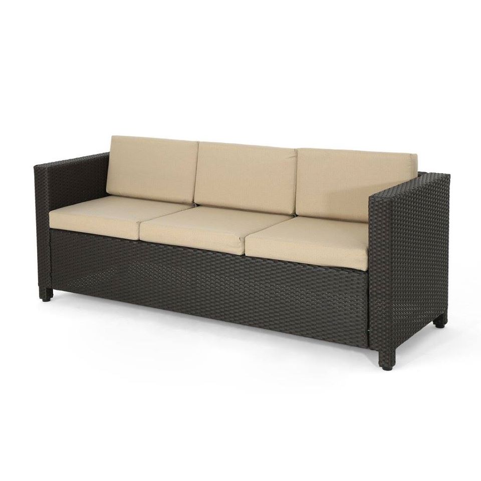 Outdoor Wicker 3 Seater Sofa, Dark Brown With Beige Cushions