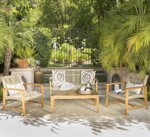 Outdoor 4 Piece Wicker Chat Set With Natural Stained Acacia Wood Frame
