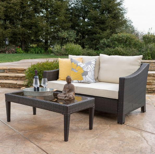 Estelle Outdoor Wicker Loveseat & Table W/Water Resistant Fabric Cushions