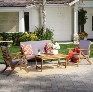 Ellena 4 Pc Outdoor Natural Wood Finish Chat Set W/ Water Resistant Cushion