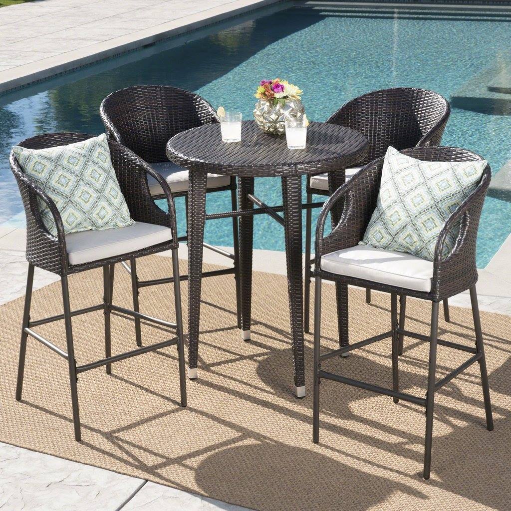 Outdoor 5 Piece 41 Inch Wicker Bar Set With Water Resistant Cushions