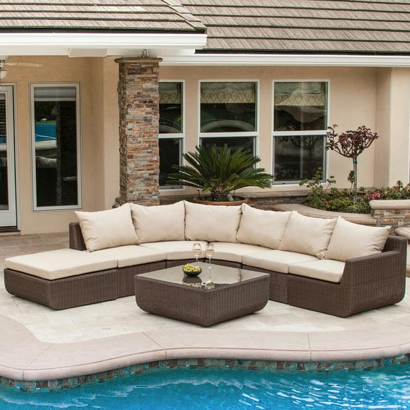 7pc Outdoor Brown Wicker Sectional Set