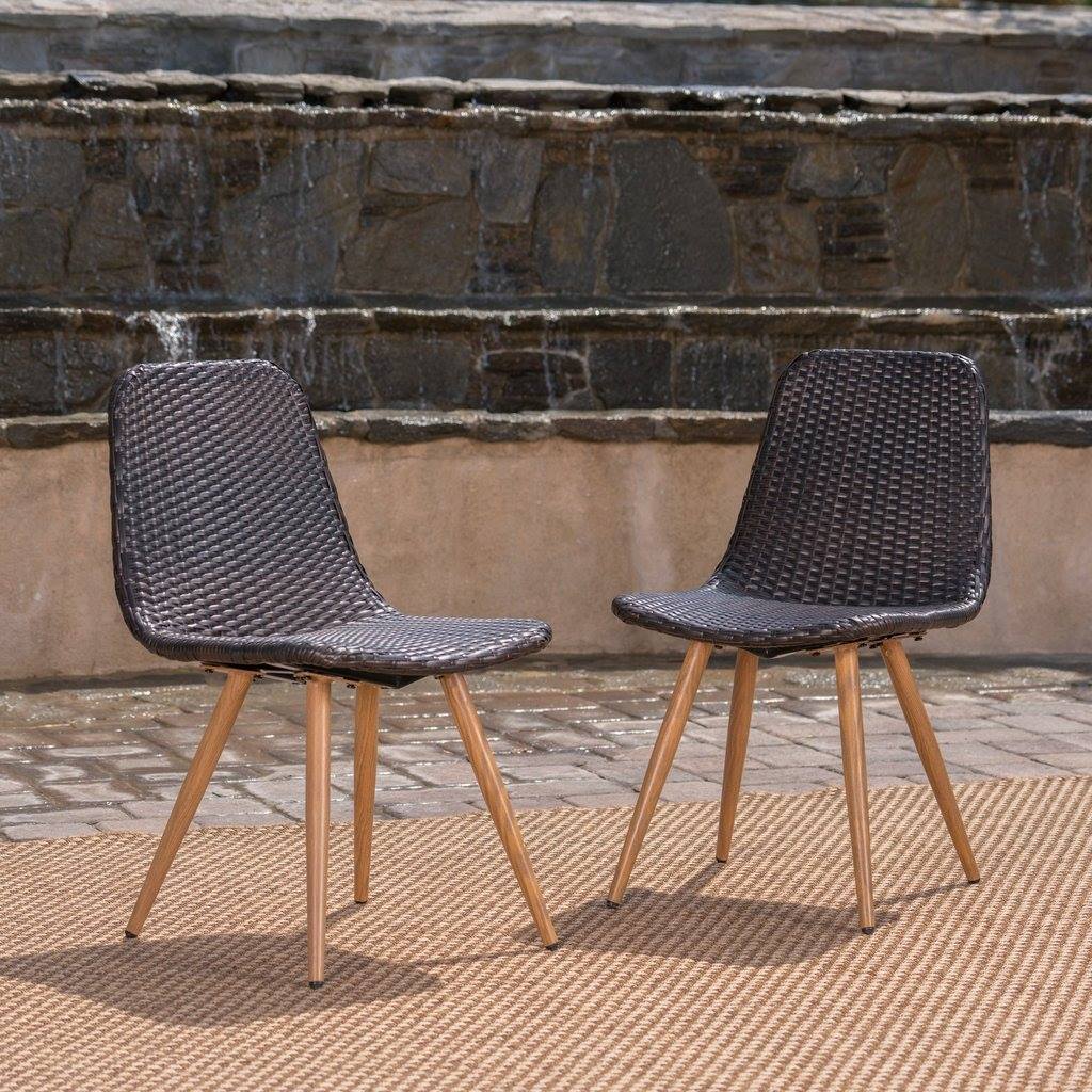 Outdoor Multi-Brown Wicker Dining Chairs With Wood Finished Metal Legs