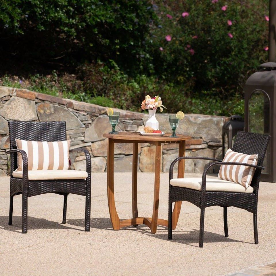 Outdoor 3 Piece Acacia Wood/ Wicker Bistro Set With Cushions, Teak Finish And Multibrown With Cr�me