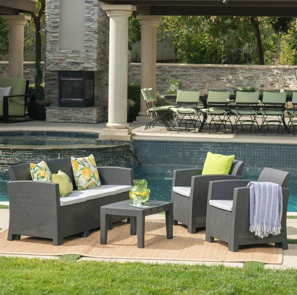 Outdoor 4 Piece Charcoal Faux Wicker Rattan Style Chat Set