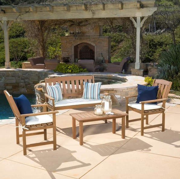 Emilia Outdoor 4-Piece Wood Chat Set With Cushions