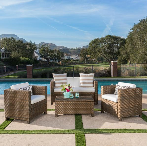 OutOutdoor 4 Piece Gold Wicker Chat Set With White Water Resistant Cushions