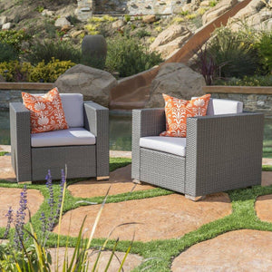 Abagail Outdoor Grey Wicker Club Chair With Silver Water Resistant Fabric Cushions (Set Of 2)