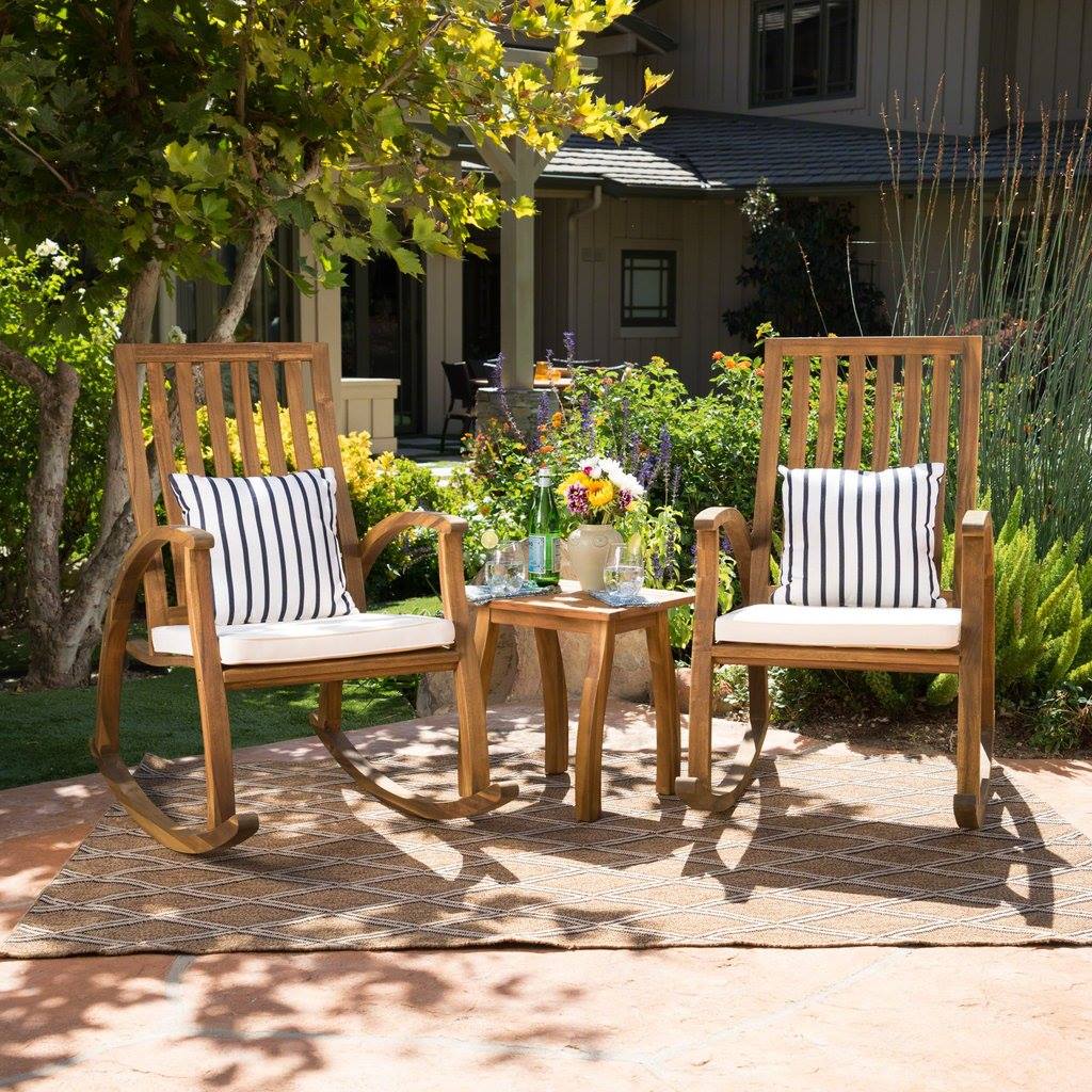 Outdoor Natural Stained Acacia Wood Rocking Chair Chat Set