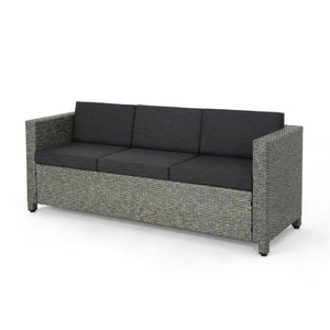 Outdoor Wicker 3 Seater Sofa, Mixed Black With Dark Grey Cushions