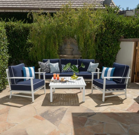Baylee Outdoor 5 Seater Aluminum White And Navy Chat Set