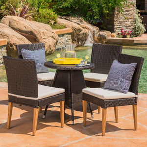 Outdoor 5 Piece Multi-Brown Wicker Dining Set With Beige Cushions