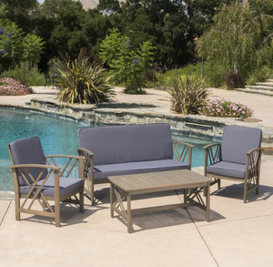Outdoor 4 Pc Acacia Wood Chat Set W/ Water Resistant Fabric Cushions