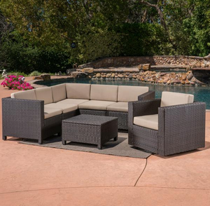 Outdoor 6 Seater Dark Brown Wicker V-Shaped Sofa And Swivel Chair Set With Beige Water Resistant Cushions