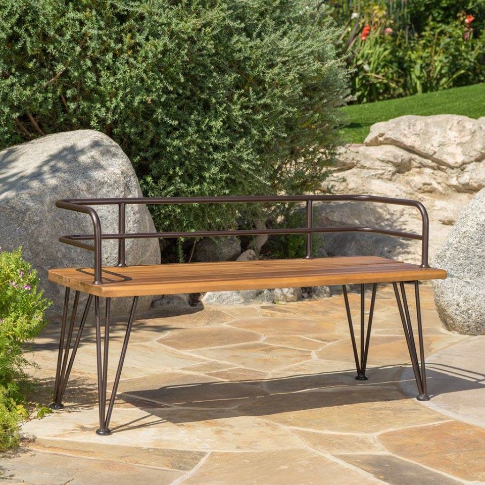 Outdoor Industrial Rustic Iron And Teak Finished Acacia Wood Bench