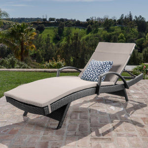 Outdoor Grey Wicker Armed Chaise Lounge W/ Water Resistant Cushion