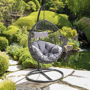 Outdoor Wicker Hanging Basket Chair With Water Resistant Cushions And Base