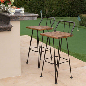 Outdoor Industrial Teak Finished Acacia Wood Barstools With Iron Frame
