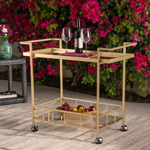 Outdoor Industrial Iron And Glass Bar Cart, Gold