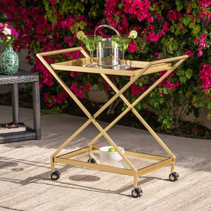 Outdoor Powder Coated Iron And Glass Bar Cart, Gold