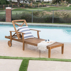 Outdoor Teak Finished Acacia Wood Chaise Lounge