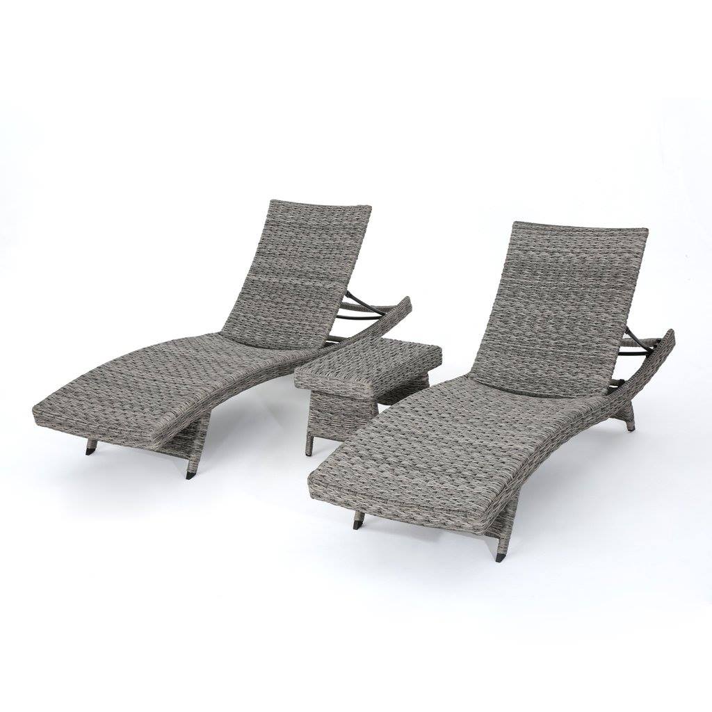 Outdoor 3 Piece Gray Wicker Armless Chaise Lounges With Side Table