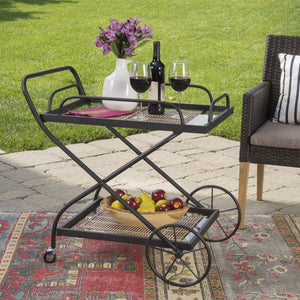 Outdoor Traditional Black Powder Coated Iron Bar Cart With Tempered Shelves