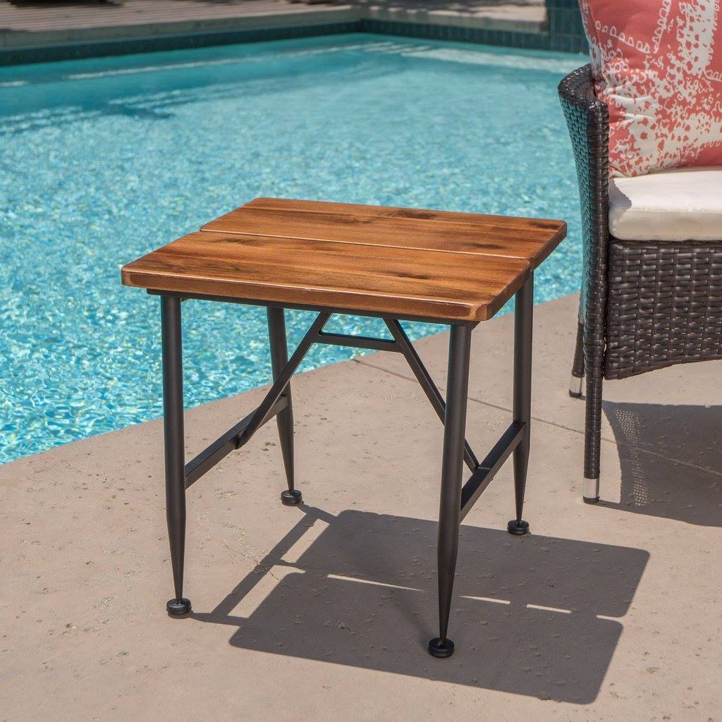Outdoor Industrial Acacia Wood Accent Table W/ Iron Accent