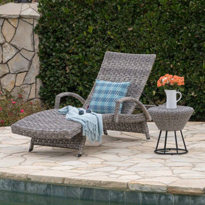 Outdoor Gray Wicker Armed Chaise Lounge With Gray Wicker Side Table