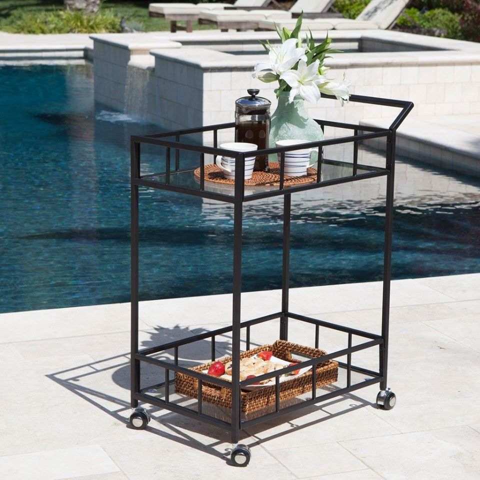 Outdoor Industrial Modern Black Powder Coated Iron Bar Cart With Tempered Glass Top