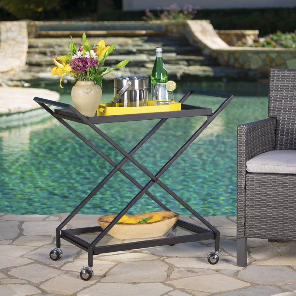 Outdoor Black Powder Coated Iron Bar Cart With Tempered Glass Shelves