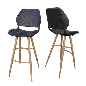 Outdoor Multi-Brown Wicker Barstools With Brown Wood Finish Metal Leg