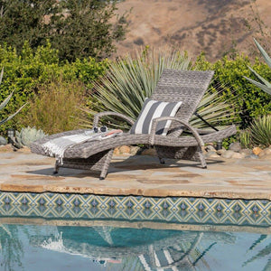Outdoor Armed Aluminum Framed Grey Wicker Chaise Lounge