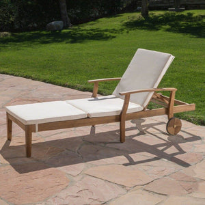 Outdoor Teak Finish Chaise Lounge With Water Resistant Cushion