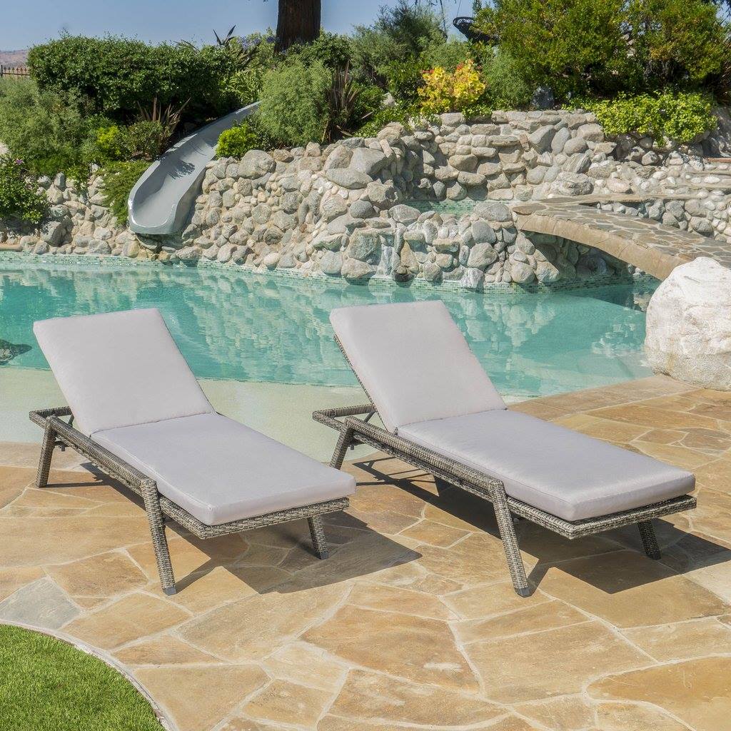 Outdoor Wicker Chaise Lounge W/ Grey Water Resistant Cushion (Set Of 2)