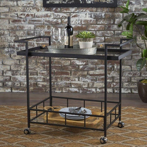 Outdoor Industrial Black Powder Coated Iron Bar Cart With Tempered Glass Shelves
