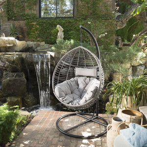 Outdoor Wicker Hanging Basket Chair With Water Resistant Cushions And Base
