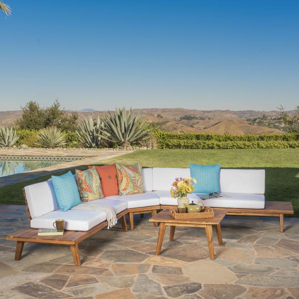 Outdoor V Shaped 4 Piece Acacia Wood Sectional Sofa Set -
